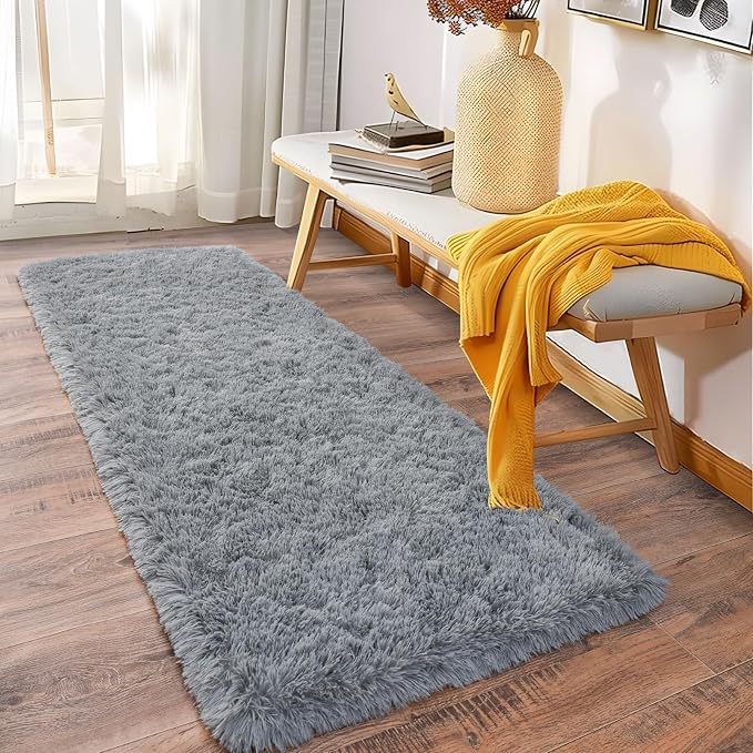 Soft Runner Rugs for Bedroom Hallways, 2x6 Grey Fluffy Shag Throw Area Rug Non - Image 3