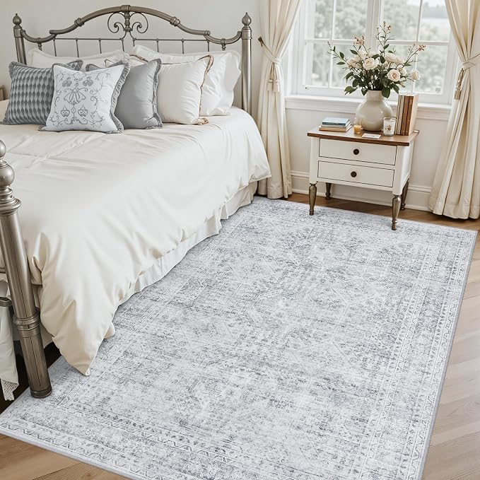 4x6 Area Rugs Living Room: Bedroom Neutral Washable Carpet Gray | Vintage Boho - Image 2