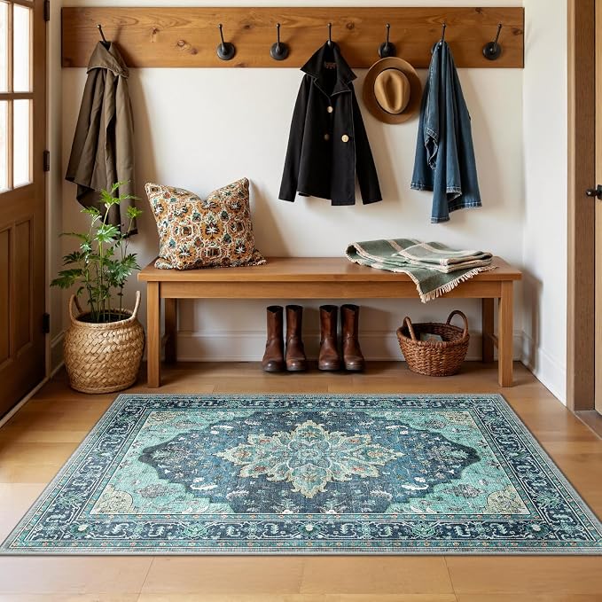 Area Rugs 3'x5' Washable Non-Slip, Floral Vintage Distress Print Pattern - Image 2