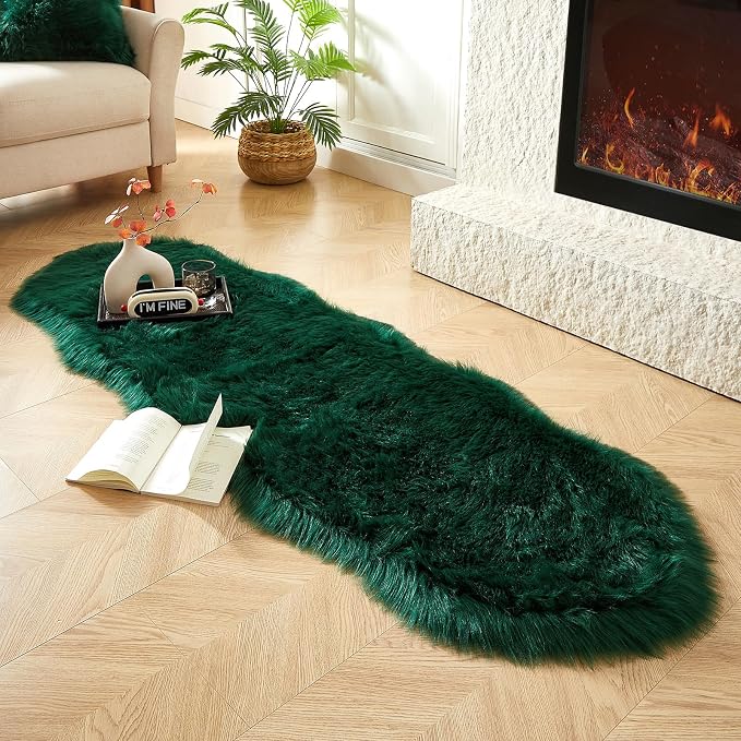 AMTOVO Faux Sheepskin Rug, Dark Green Ultra Soft Fluffy Shag Area Rug, 2 x 6 ft - Image 2