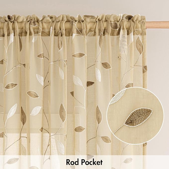 MIULEE Beige Sheer Curtains 2 Panels Embroidered Leaf Patterned Rod Pocket - Image 6