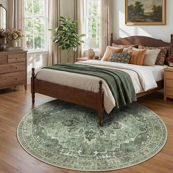 Area Rugs 8ft Washable Non-Slip, Floral Vintage Distress Print Pattern - Image 3