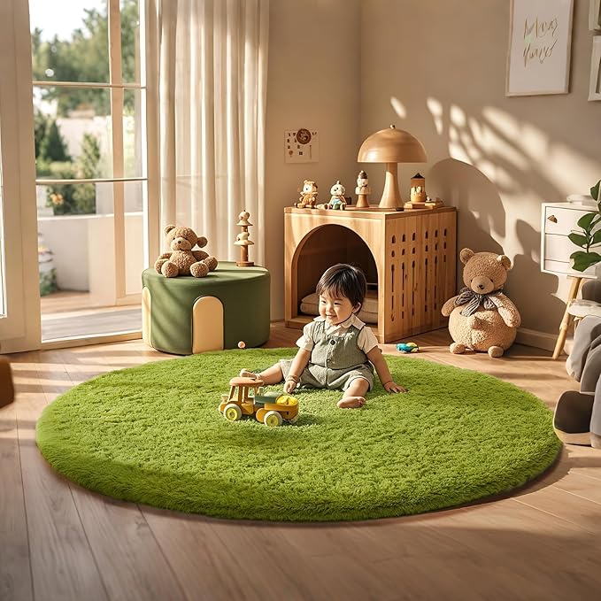 Ophanie Round Rug 6Ft Green Circle Area Rug, Fluffy Fuzzy Bedroom Carpet by Ophanie