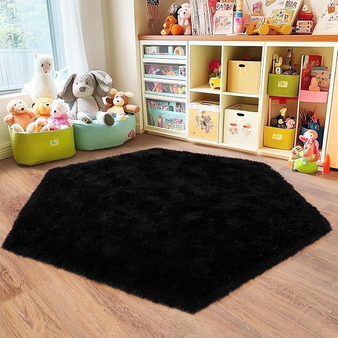 4x4.6 Feet Black Hexagon Rugs for Bedroom, Ultra Soft Fluffy Hexagon Area Rug - Image 3