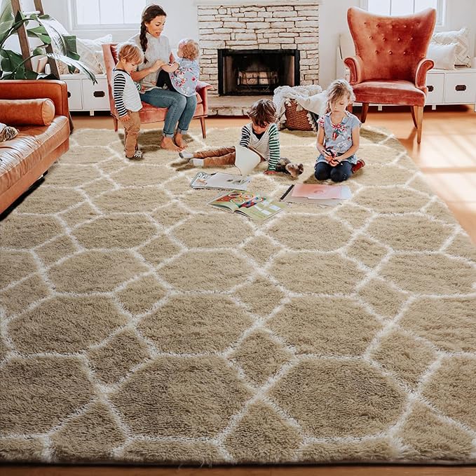 6x9 Area Rugs for Living Room Bedroom, Fluffy Beige and White Geometric Rug | - Image 9