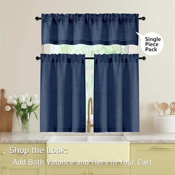 Navy Blue Valances for Windows, Light Filtering Faux Linen Textured Small Short - Image 5