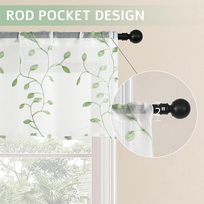 MRTREES Sheer Voile Curtain Valances, Leaves Embroidered Valance Curtains Rod - Image 2