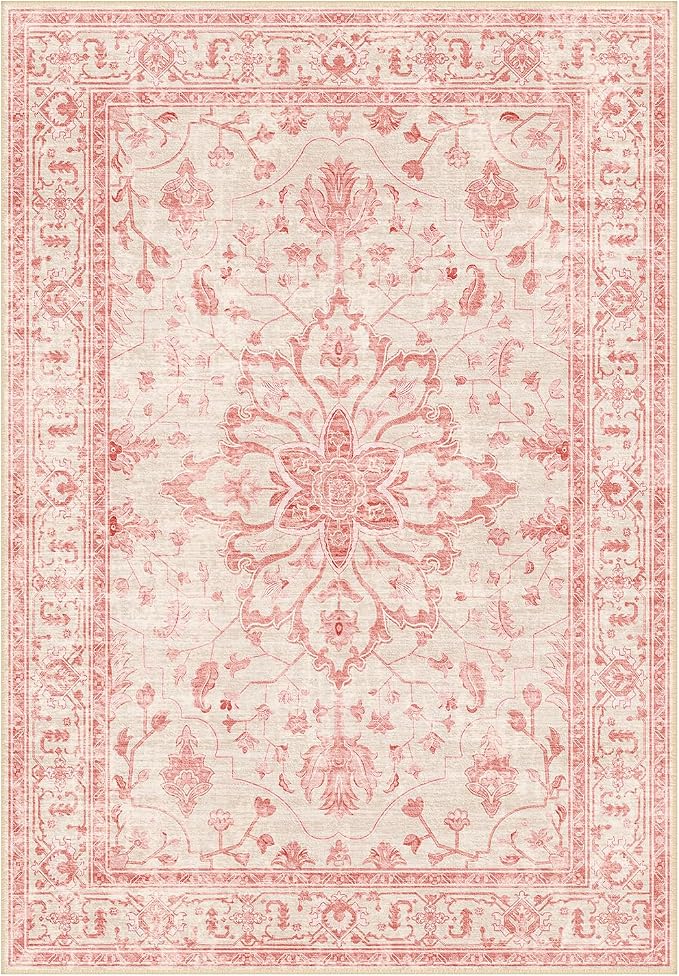 Area Rugs Round 4ft Washable Non-Slip, Floral Vintage Distress Print Pattern by RELEANY