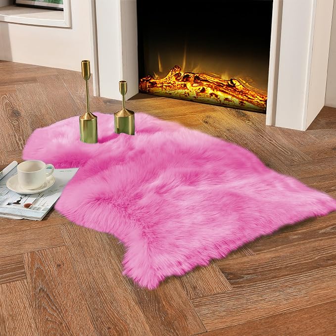 duduta Hot Pink Faux Sheepskin Throw Rug 2x3 ft, Fluffy Shag Rug by duduta