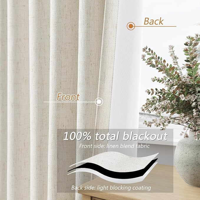 Guken Cream 100% Blackout Linen Curtains 72 Inch Length 2 Panels Set - Image 3