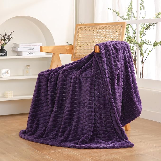 Puncuntex Deep Purple Throw Blanket 50"×60" inches Fuzzy 3D Jacquard Decorative - Image 2