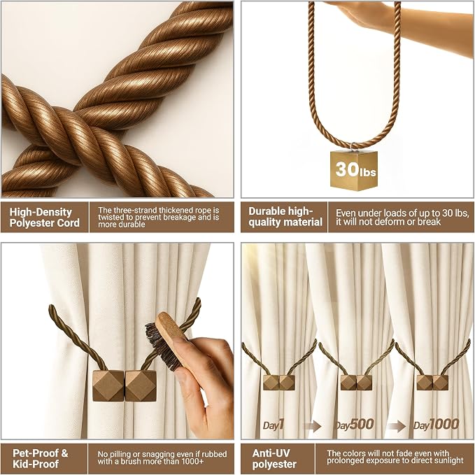 Hion Magnetic Curtain Tiebacks Dark Brown 6 Pack, Curtain Tiebacks Buckles - Image 3