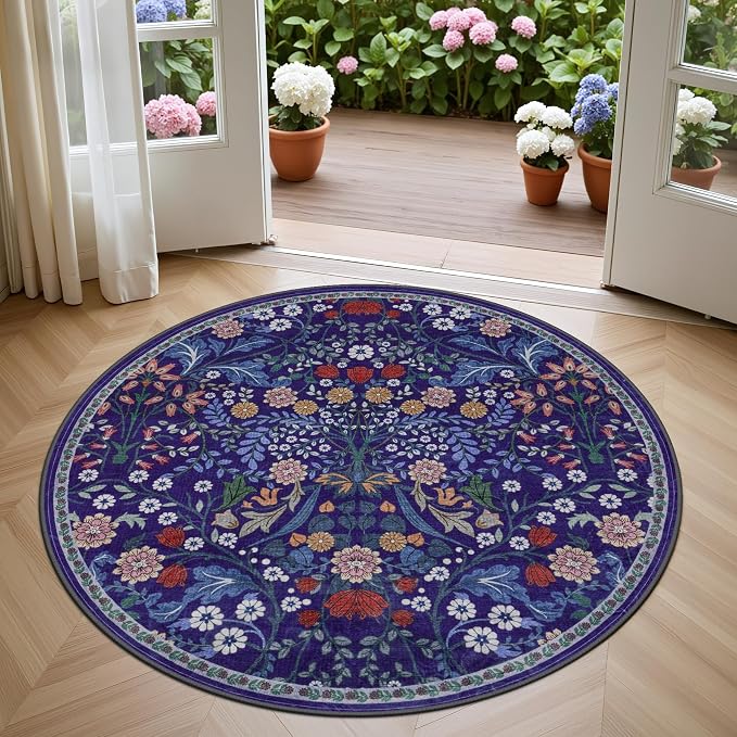 Round Area Rug for Living Room: 4 ft Floral Washable Circle Rug Soft Boho - Image 2