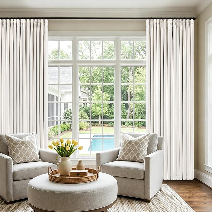 Pinch Pleated Blackout 102 Inch Bedroom Curtains Ivory Linen Dual Layer | - Image 6