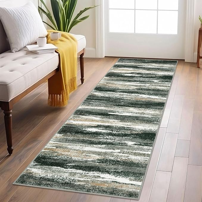 Lansny Modern Abstract Runner Rug 2x6, Forest Green Washable Kitchen Runner by lansny