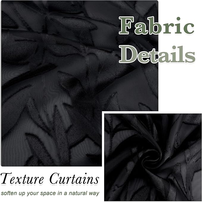 Lecloud Leia Black Sheer Kitchen Curtains 18 Inch Length 2 Pcs, Jacquard Leaf - Image 4