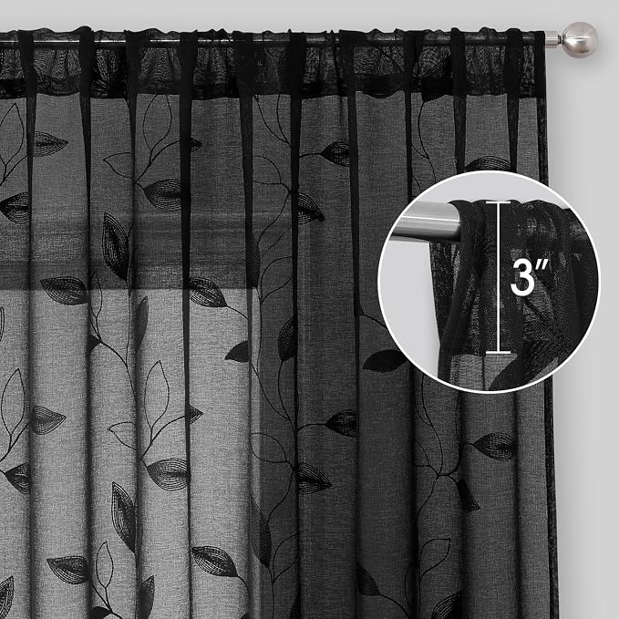HOMEIDEAS Black Sheer Curtains 52 X 84 Inches Length 2 Panels Black Embroidered - Image 6