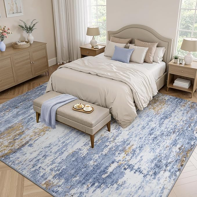 5x7 Area Rug for Living Room, Abstract Washable Non-Slip Rugs, Light Blue | - Image 2