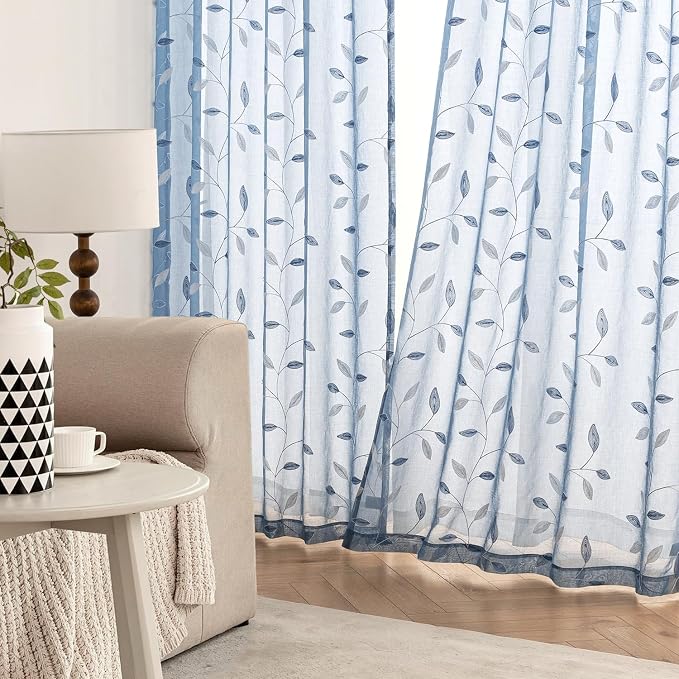 MIULEE Dusty Blue Sheer Curtains 2 Panels Embroidered Leaf Patterned Rod Pocket - Image 3