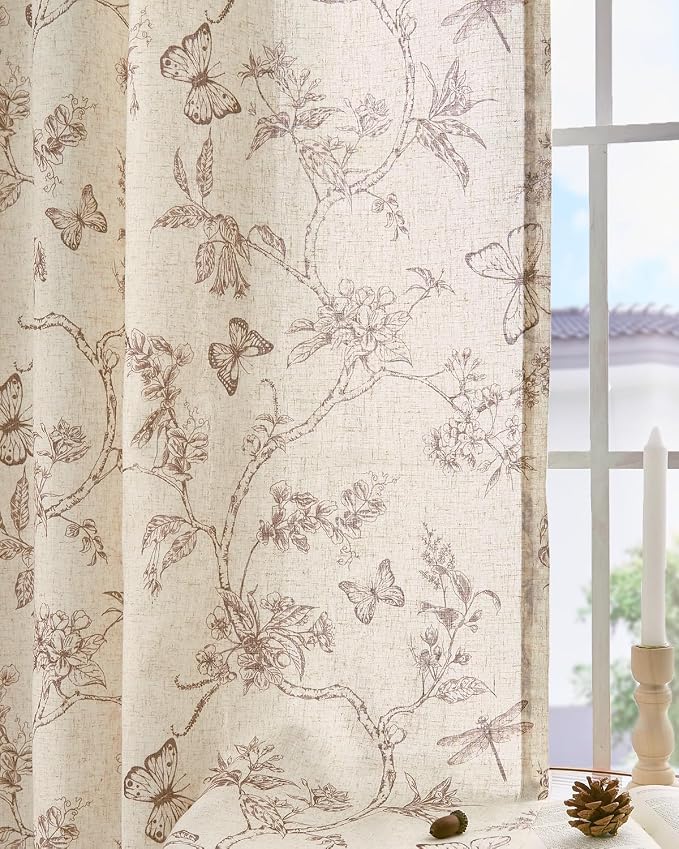 jinchan Floral Linen Curtains for Living Room 84 Inch Length Butterfly Curtain - Image 9