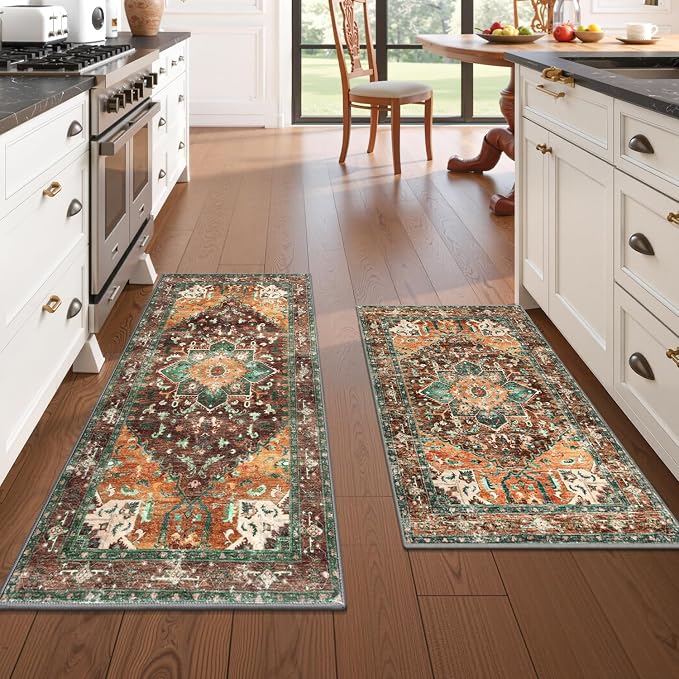Yamaziot Washable Kitchen Runner Rug Set of 2, Non-Slip Boho Vintage Hallway - Image 6