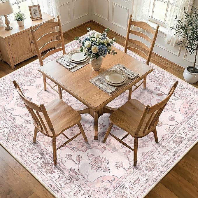 RELEANY Area Rugs Square 7ft Washable Non-Slip, Floral Vintage Distress Print by RELEANY