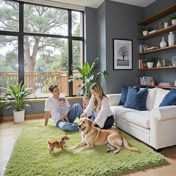 Green Grass Area Rugs for Bedroom, 4x6 Shag Fluffy Carpet, Fuzzy Furry Plush by Junhejiamei