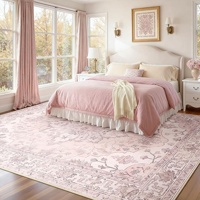 Area Rugs 8'x10' Washable Non-Slip, Floral Vintage Distress Print Pattern by RELEANY