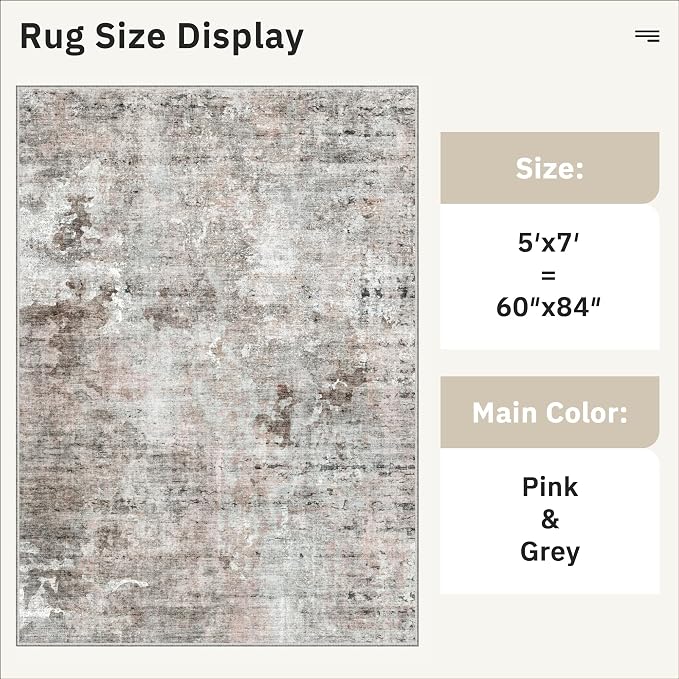 Abstract Rug 5x7 Machine Washable Area Indoor Pink Grey Low Pile Non-Slip - Image 5