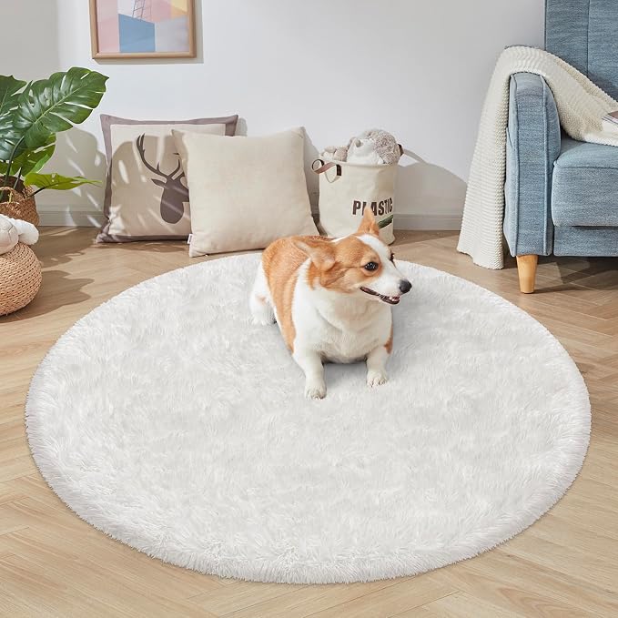 4x4 ft Tie Dye White Round Rug for Bedroom Room Fluffy Circle Rug Furry Carpet - Image 5