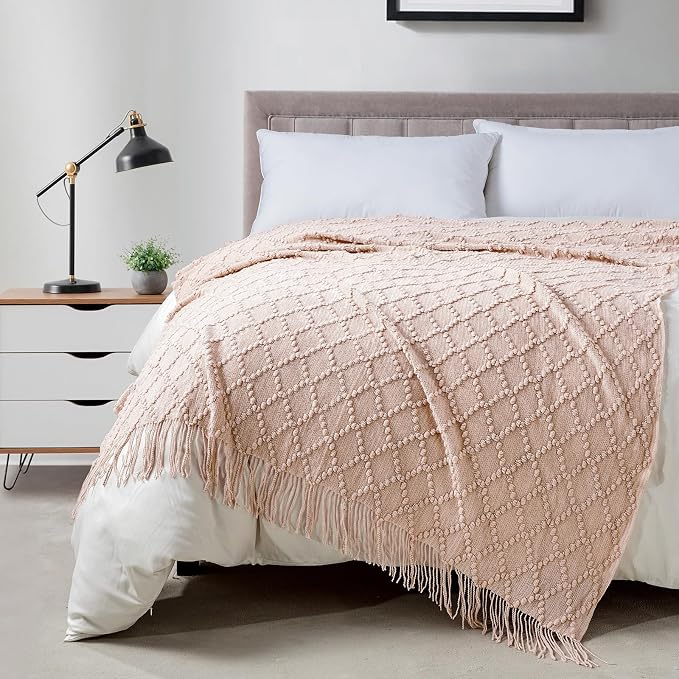 BOURINA Pink Throw Blanket 50 x70 Inches Jacquard Argyle Throw Textured Solid - Image 4