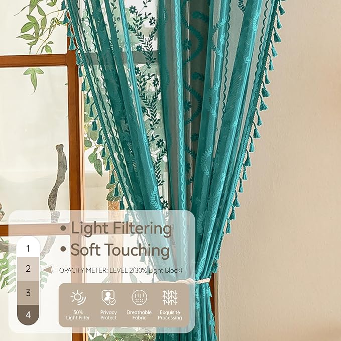 WAZZIO Boho Lace Curtains 2 Panels 45 Inch -Victorian Sheer Panel Drape French - Image 5