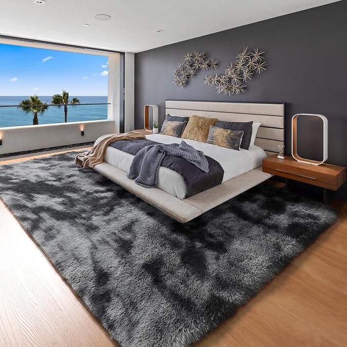 ONASAR 8x10 Area Rugs for Living Room, Tie-Dyed Dark Grey Fluffy Shag Large - Image 2