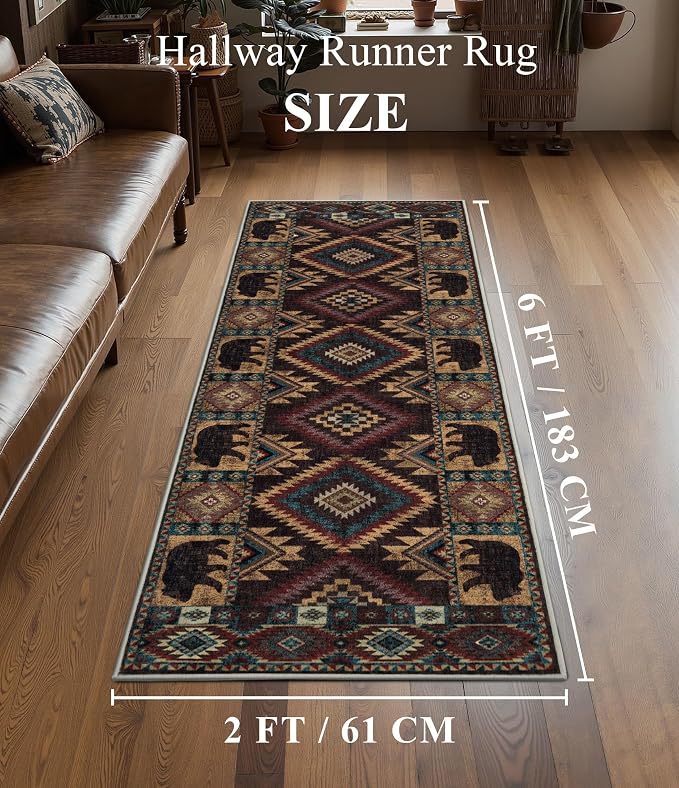 Hallway Runner Rug 2x6 Indoor Door Mat -Western Rug Bear Rustic Cabin Non-Slip - Image 2