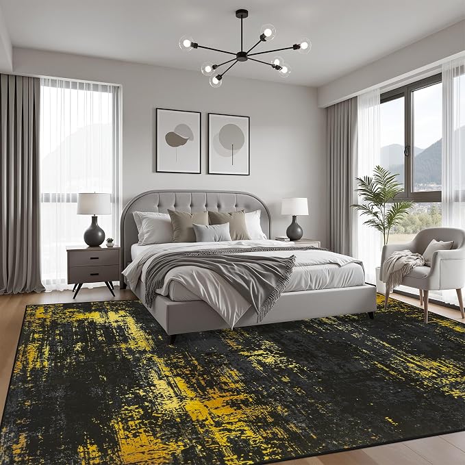 10x14 Area Rug Living Room: Modern Washable Soft Carpet Black Gold | - Image 3