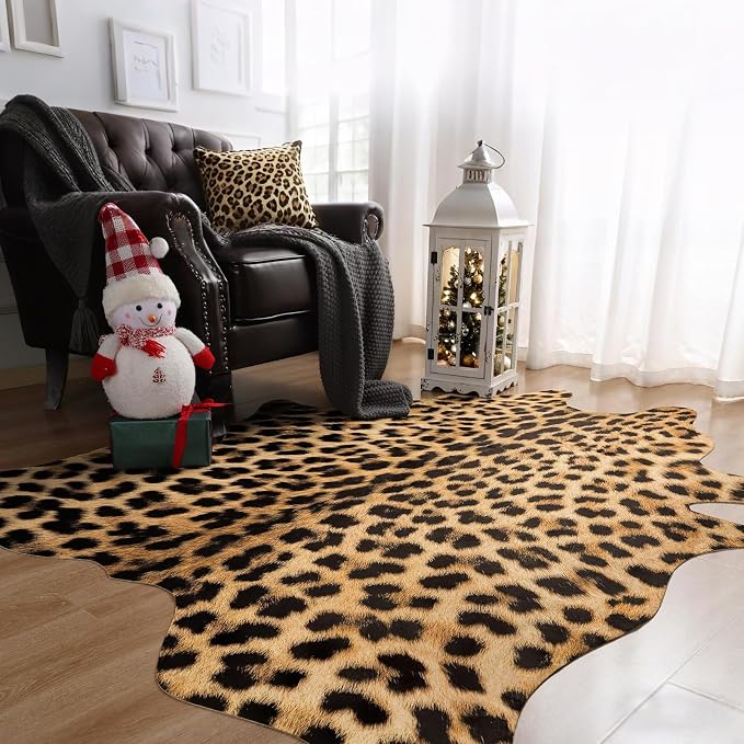 AROGAN Premium Leopard Print Rug 4.6x5.2 Feet, Machine Washable Faux Fur - Image 4