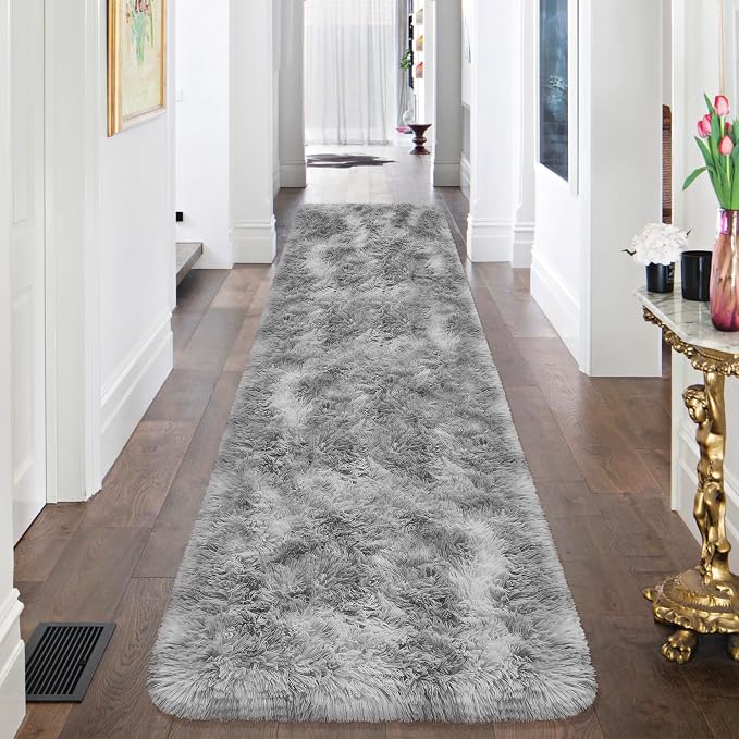 Super Soft Fluffy Living Room Area Rug 2x8 ft Tie-Dyed Light Grey Shaggy Furry - Image 5