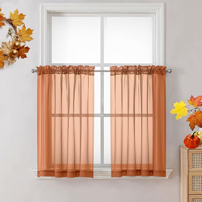 OVZME Orange Sheer Curtains 36 inches Long, Short Kitchen Window Treatment by OVZME