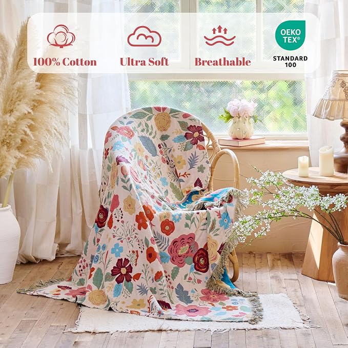 MSGKV Boho Throw Blanket for Bed Twin Size 100% Cotton Floral Blanket 60"x80" - Image 2