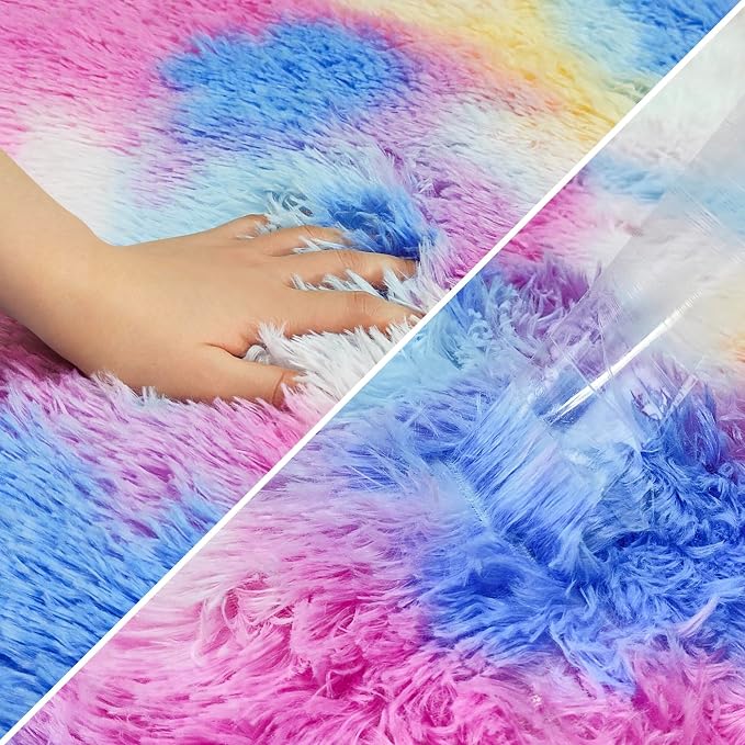 Fluffy Colorful Rug for Bedroom Girls 4x6 Kawaii Rainbow Tie Dye Area Rug Fuzzy - Image 6