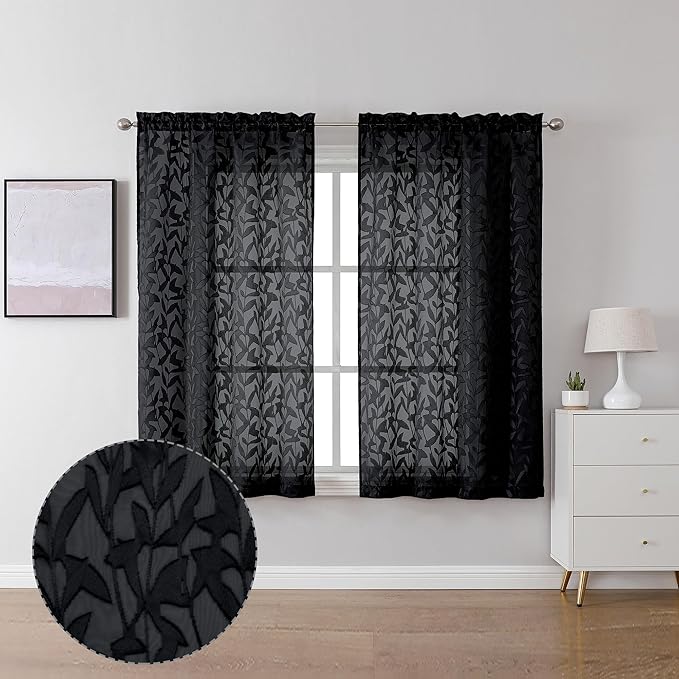 Lecloud Leia Jacquard Textured Black Semi Sheer Curtains 45 Inch Length 2 Panels by Lecloud