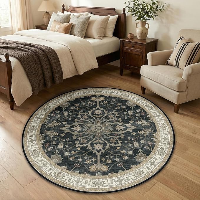 Area Rugs Round 4ft Washable Non-Slip, Floral Vintage Distress Print Pattern - Image 2