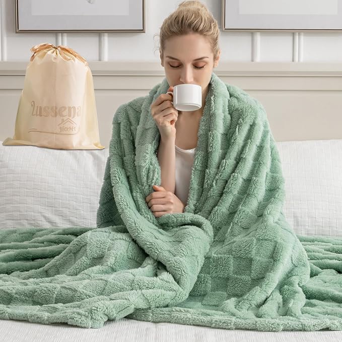 Sage Green 300GSM Fluffy XL Throw Blanket Soft Fleece Bed and Couch Blankets by Unknown