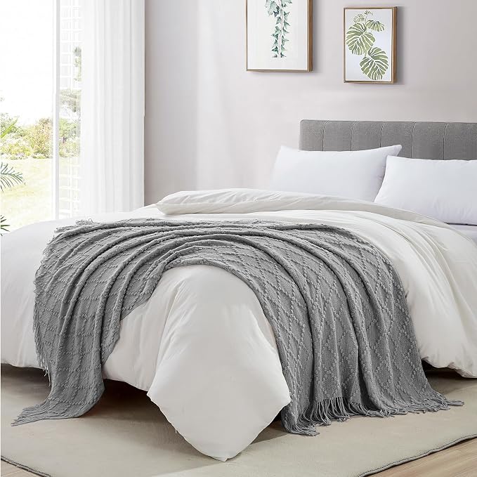 BOURINA Light Grey Throw Blanket 50 x70 Inches Jacquard Argyle Throw Textured - Image 4