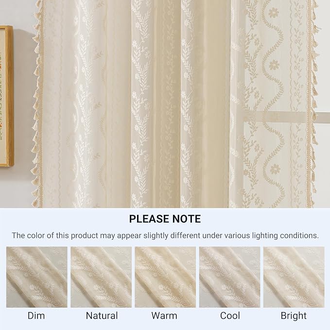 WAZZIO Boho Lace Curtains 2 Panels 72 Inches -Cute Vintage Victorian Sheer - Image 8