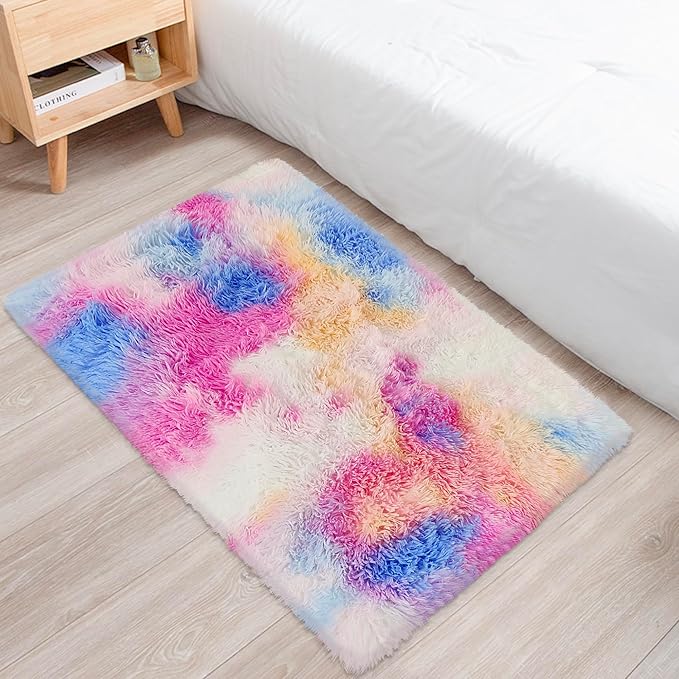Small Fluffy Colorful Rug for Bedroom Girls 2x3 Mini Kawaii Rainbow Tie Dye by JiaoBaba