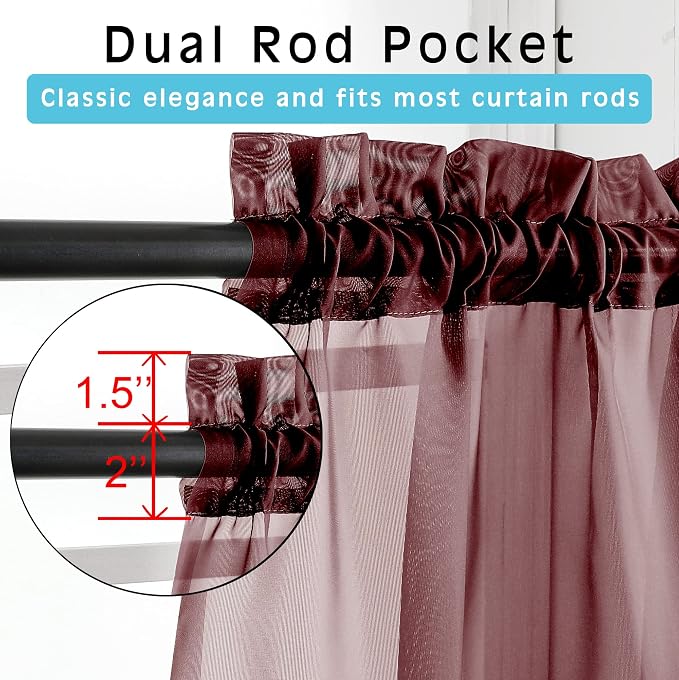 OVZME Burgundy Sheer Curtains 84 inch Length 2 Panels Set, Light Filtering - Image 2