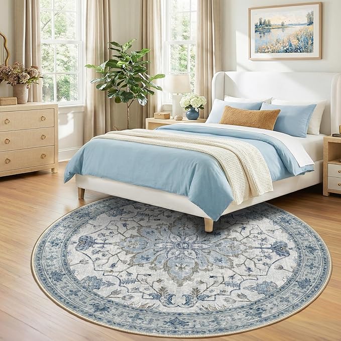 Area Rugs 8ft Washable Non-Slip, Floral Vintage Distress Print Pattern - Image 3