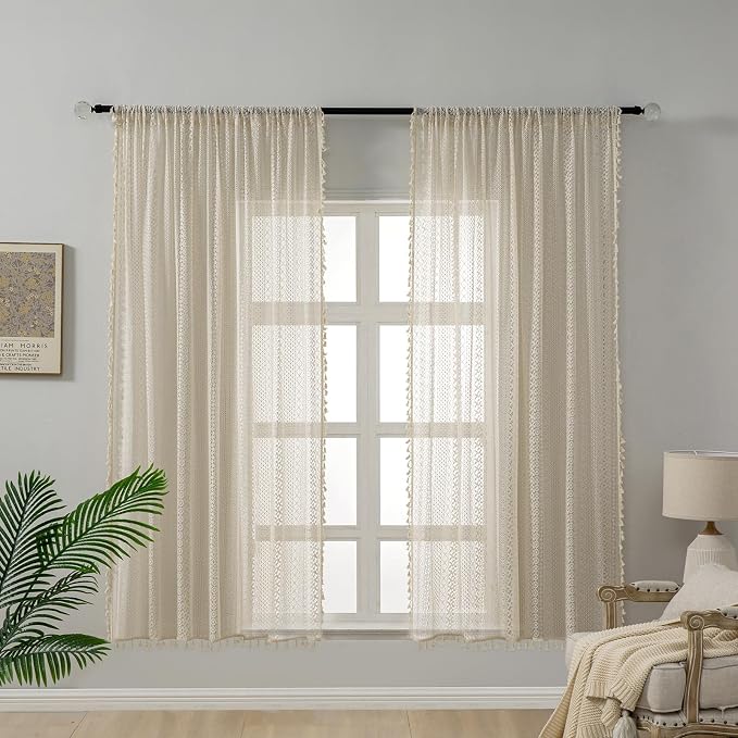 WAZZIO Boho Lace Curtains 63 Inches 2 Panel, Light Filtering Privacy Tassel & - Image 5