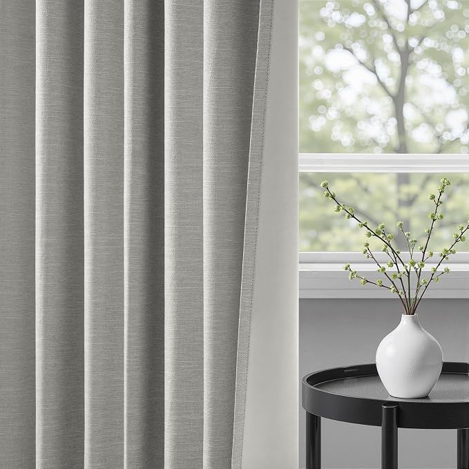 Grey Linen Blackout Curtains 95 Inch Long 2 Panels Back Tab Thermal Insulated - Image 6